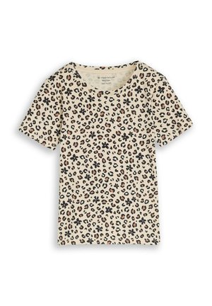 Beige shirt met korte mouwen, voorzien van een patroon met zwarte bloemen en bruine luipaardvlekken, ronde halslijn, maatlabel 110/122 zichtbaar aan de binnenkant van de kraag.