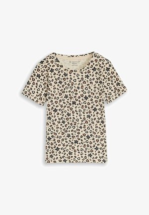 Bézs rövid ujjú ing fekete virágmintával és barna leopárdfoltokkal, kerek nyakkivágással, a belső gallérnál 110/122-es méret címkével.