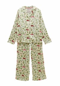 Cotton pajama set featuring a cream background with a red truck and green tree pattern. Includes long sleeves and loose-fitting pants.