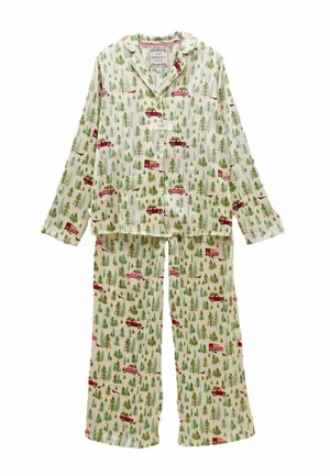 Baumwoll-Pyjama-Set mit einem cremefarbenen Hintergrund und einem Muster aus roten Trucks und grünen Bäumen. Enthält lange Ärmel und locker sitzende Hosen.