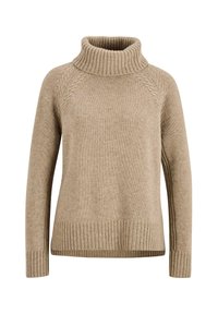Beige Strickpullover mit Rollkragen, Kabelstrickmuster an den Schultern und gerippten Bündchen und Saum.