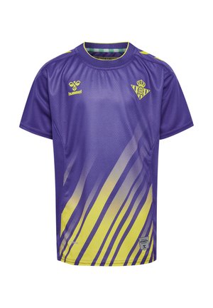 Lila Sporttrikot mit gelben Akzenten. Verfügt über ein Gradient-Design, kurze Ärmel, Rundhalsausschnitt und ein Logo auf der Brust. Atmungsaktives Material.