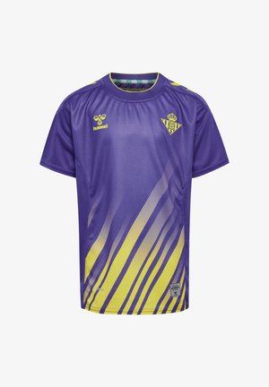 Lilla atletisk trøje med gule accenter. Har et gradientdesign, korte ærmer, rund hals og logo på brystet. Åndbart materiale.