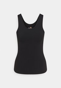 Černý top bez rukávů vyrobený z měkké pružné tkaniny. Má kulatý výstřih a na vnitřní straně límce je viditelná štítková značka.