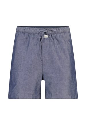 Blauwe chambray korte broek met elastische tailleband en trekkoord, zakken aan de voorkant en een klein wit merklabel in het midden van de tailleband.