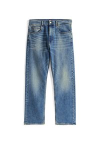 Jeans de mezclilla azul con un diseño de pierna recta, con decoloración ligera, cinco bolsillos y un cierre de botón. Los bordes están limpios y no tienen desgaste.
