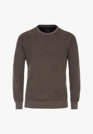 Brązowy sweter z dzianiny z okrągłym dekoltem, długimi rękawami, prążkowanymi mankietami i dołem, z fakturowanym wzorem naprzemiennych pasków.