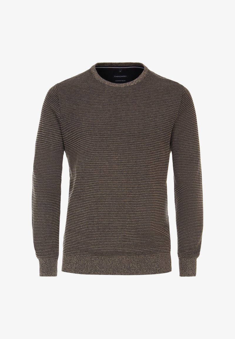 Brun stickad tröja med rund halsringning, lång ärm, ribbad mudd och nederkant, med ett texturerat mönster av växlande ränder.