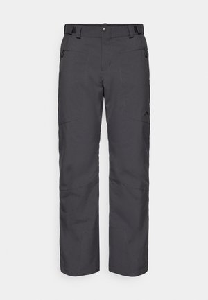 Gray snow pants with a straight-leg design, made of durable fabric, featuring side pockets and a secure waistband with adjustable tabs.