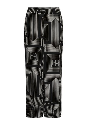 Čierne široké nohavice s bielymi geometrickými štvorcovými a čiarovými vzormi, zdobené malými kruhovými akcentmi vo vnútri niektorých štvorcov.