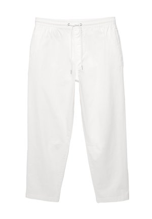 Biele nohavice z bavlny s elastickým pásom, sťahovacím šnúrkou a zužujúcim sa strihom. Hladká textúra a žiadne viditeľné vzory.