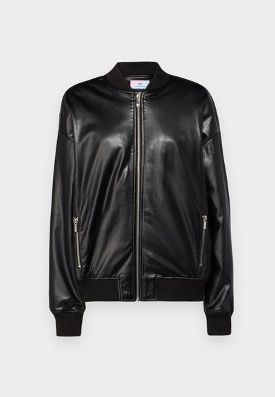Black leather bomber jacket with a smooth texture, ribbed collar and cuffs, front zip closure, and two zippered side pockets.