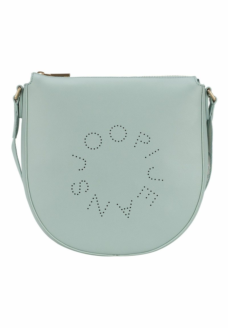 Borsa a tracolla in pelle azzurro chiaro con forma arrotondata e design del logo circolare perforato. Presenta una chiusura con zip e una tracolla regolabile.