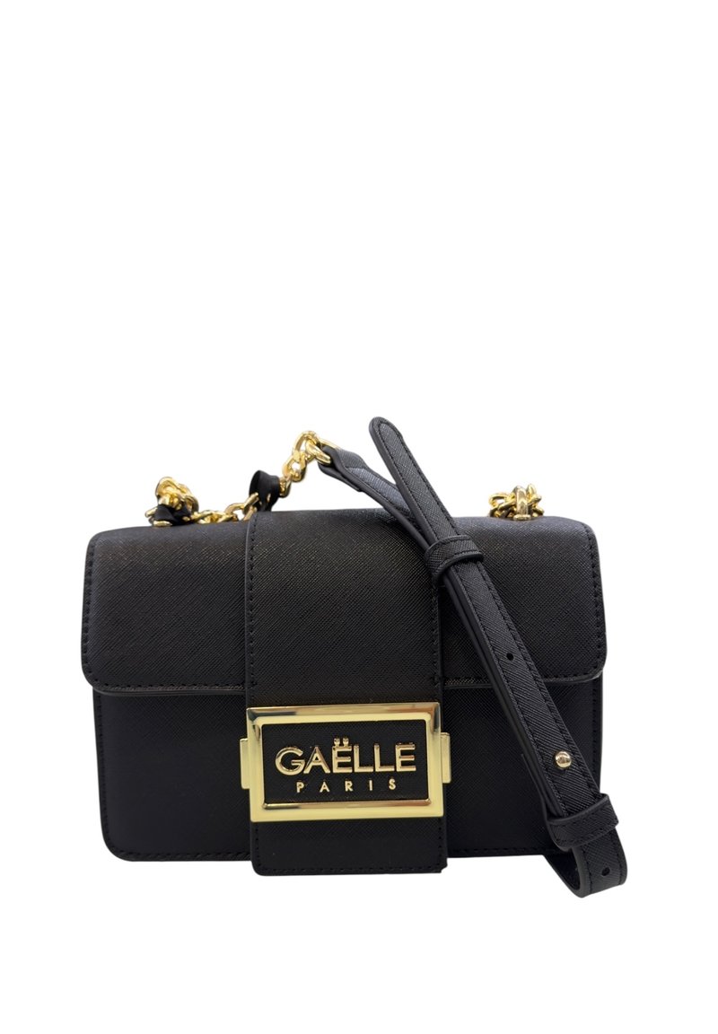 Borsa a tracolla nera con dettagli in oro, caratterizzata da una chiusura con logo "GAËLLE PARIS", superficie testurizzata e tracolla regolabile.