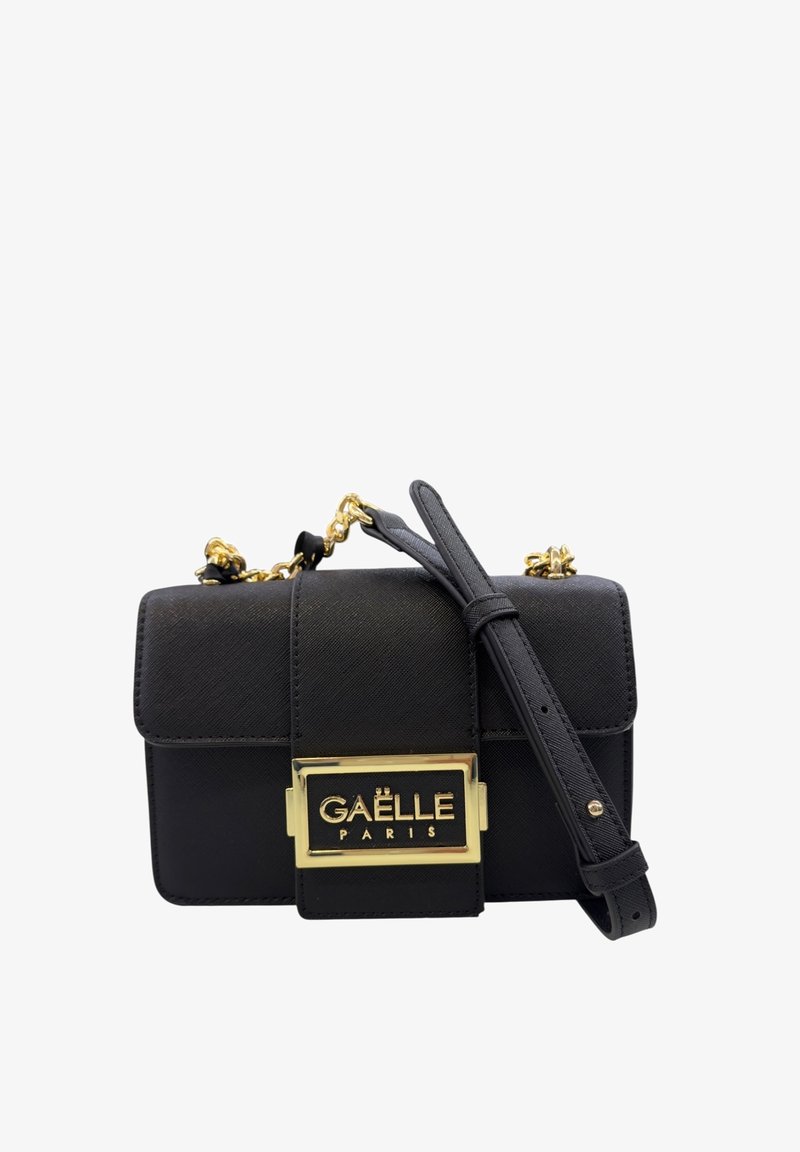 Borsa a tracolla nera con dettagli in oro, caratterizzata da una chiusura con logo "GAËLLE PARIS", superficie testurizzata e tracolla regolabile.