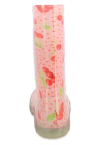 Botte imperméable rose avec un motif floral de cerisiers, présentant une semelle en caoutchouc transparente et un design à pois. Texture lisse, hauteur jusqu'au mollet.