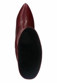 Rode leren enkelboot met een spitse neus, een gladde textuur en een minimalistisch ontwerp. Binnenin gevoerd met zwart en zonder zichtbare hardware of versieringen.