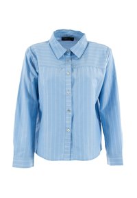 Camicia button-up azzurra chiara con maniche lunghe, dotata di strisce verticali bianche, colletto e tasche frontali. Realizzata in un tessuto liscio.