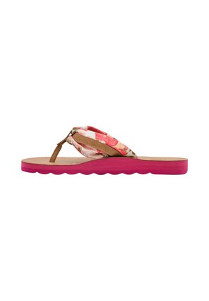 Platte sandaal met roze zool, lichtbruine leren teenriem en een stoffen bovenwerk met een roze-wit bloemmotief.