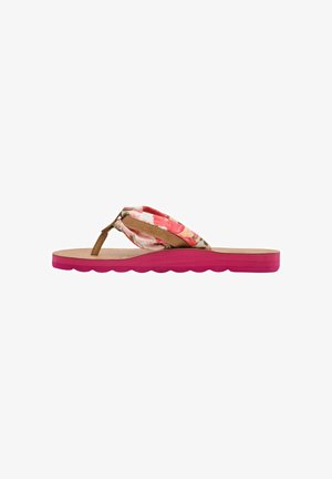 Sandale plate avec semelle rose, bride en cuir couleur camel au niveau des orteils et dessus en tissu avec un motif floral rose et blanc.