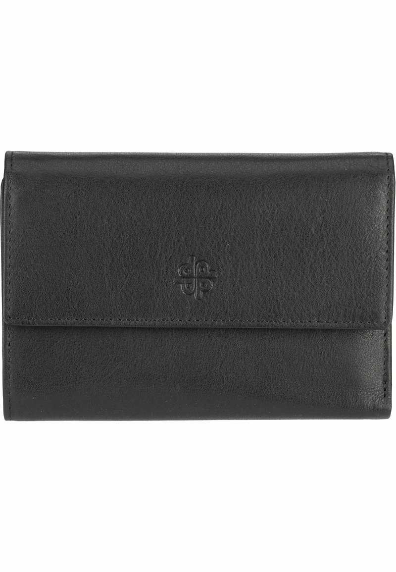 Black leather wallet with a smooth texture, featuring a front flap closure and embossed logo. Rectangular shape, minimalistic design.