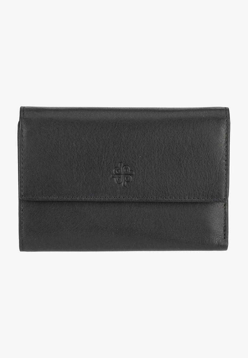 Black leather wallet with a smooth texture, featuring a front flap closure and embossed logo. Rectangular shape, minimalistic design.