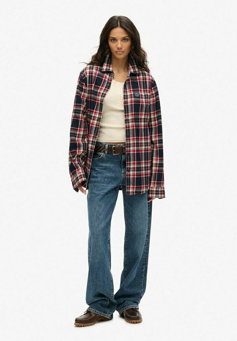 Camicia in flanella a quadri rossi e blu, indossata aperta sopra un top crema, abbinata a jeans blu a gamba larga e scarpe slip-on marroni.