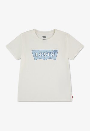 T-shirt blanc à manches courtes avec un logo Levi's bleu et de petites taches colorées à l'intérieur du logo, sur le centre du devant.