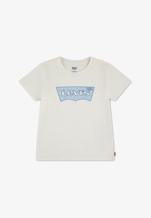 T-shirt blanc à manches courtes avec un logo Levi's bleu et de petites taches colorées à l'intérieur du logo, sur le centre du devant.