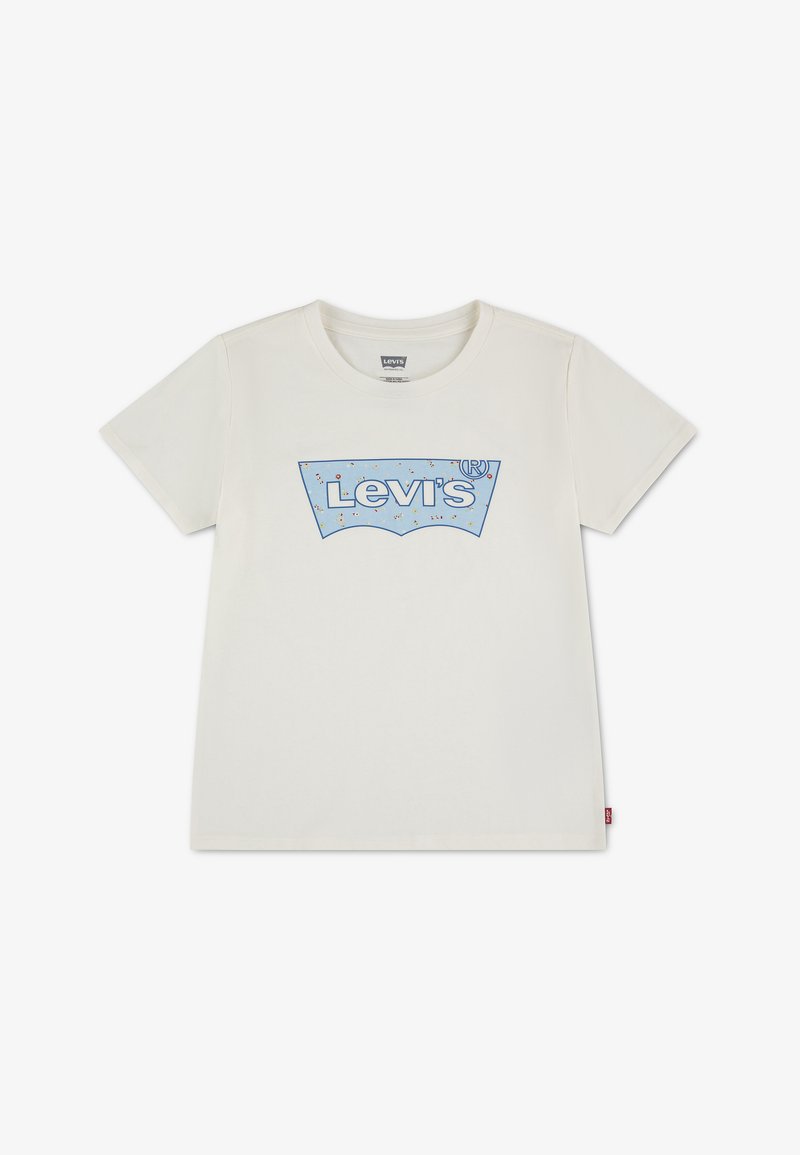 T-shirt blanc à manches courtes avec un logo Levi's bleu et de petites taches colorées à l'intérieur du logo, sur le centre du devant.