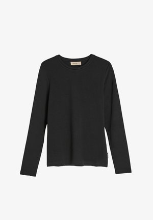 Czarna koszula z długim rękawem wykonana z miękkiej bawełny, z okrągłym dekoltem i prostym wykończeniem. Zawiera małą metkę z logo z boku.