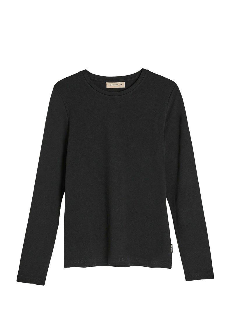 Czarna koszula z długim rękawem wykonana z miękkiej bawełny, z okrągłym dekoltem i prostym wykończeniem. Zawiera małą metkę z logo z boku.