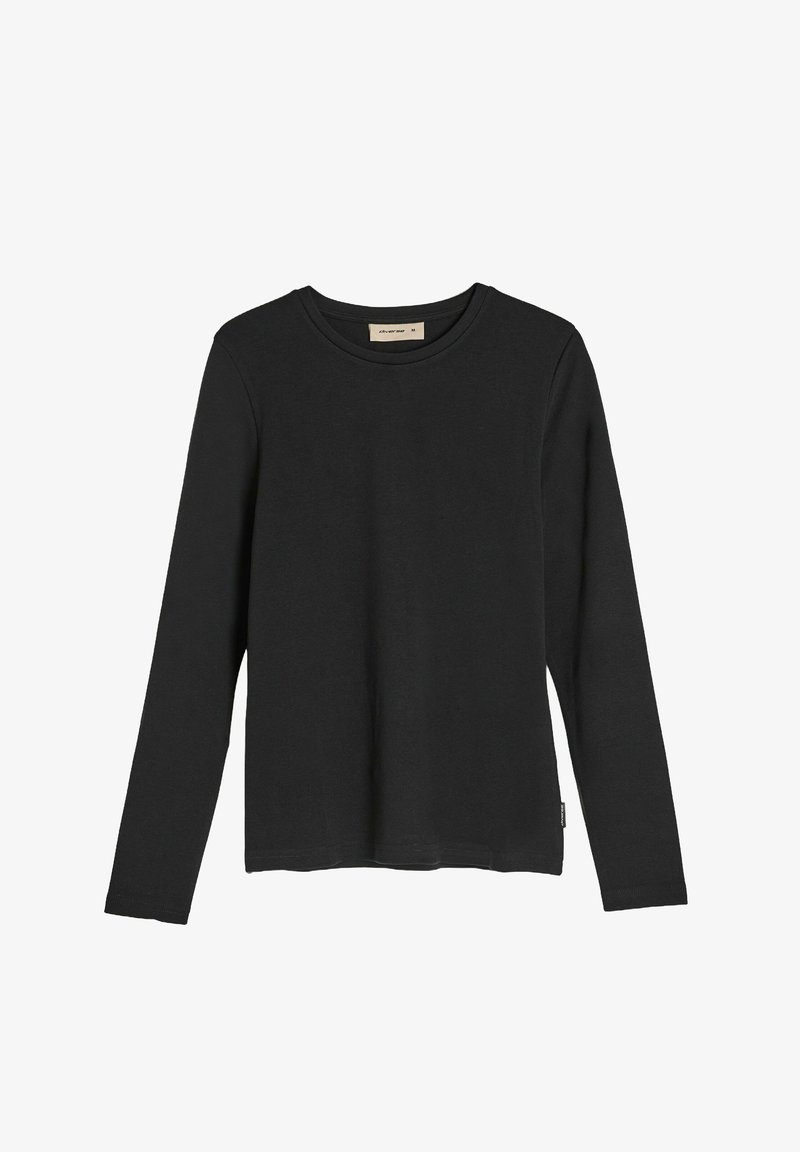 Czarna koszula z długim rękawem wykonana z miękkiej bawełny, z okrągłym dekoltem i prostym wykończeniem. Zawiera małą metkę z logo z boku.