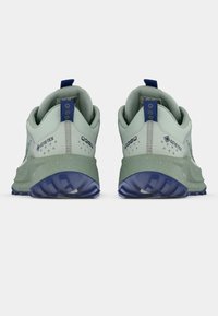 Rohelised GORE-TEX jooksujalanõud tekstuuriga pealispinna, siniste aktsentidega ja mustriga kummiseguga tallaga, mis tagab haarde. Varustatud tõmbeauguga kandmisel.