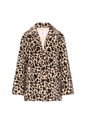 Abrigo de pelaje sintético de estampado de leopardo con cuello con muesca, cierre de botones y bolsillos laterales. La tela tiene una apariencia suave y texturada.