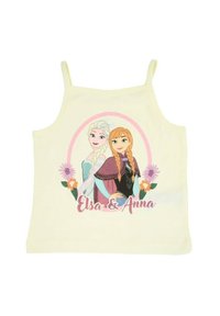 Débardeur jaune en coton avec un motif imprimé de deux personnages de dessin animé aux longs cheveux, entourés de fleurs et du texte "Elsa & Anna".