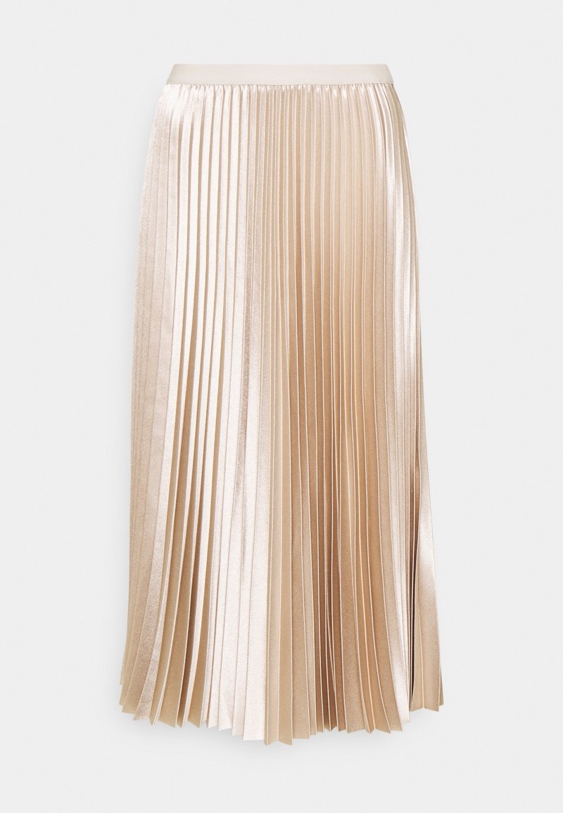 Jupe midi plissée de couleur crème avec une finition satinée brillante et une taille élastique.