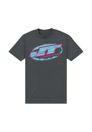 Mørkegrå bomulds t-shirt med et farverigt logo med "JT Racing" i pink og blå, centralt placeret i et ovalt design. Korte ærmer og rund hals.