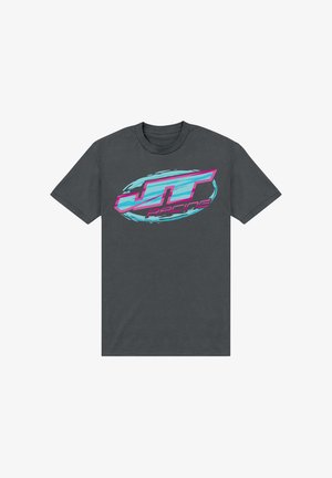 Dunkelgraues Baumwoll-T-Shirt mit einem bunten Logo, das "JT Racing" in Pink und Blau zeigt, zentriert innerhalb eines ovalen Designs. Kurze Ärmel und Rundhalsausschnitt.