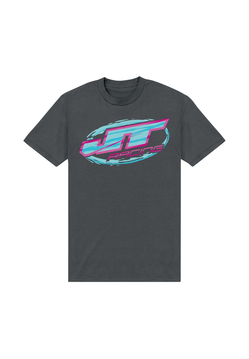 Mørkegrå bomulds t-shirt med et farverigt logo med "JT Racing" i pink og blå, centralt placeret i et ovalt design. Korte ærmer og rund hals.