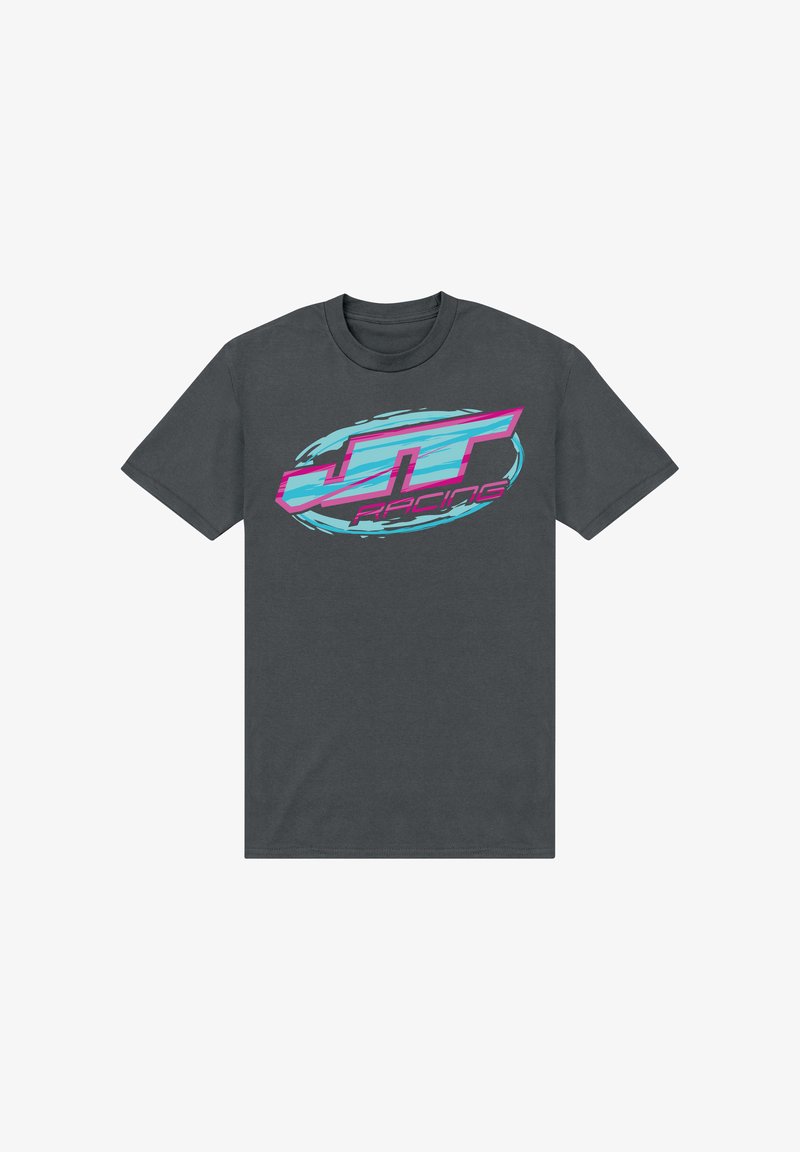 Mørkegrå bomulds t-shirt med et farverigt logo med "JT Racing" i pink og blå, centralt placeret i et ovalt design. Korte ærmer og rund hals.