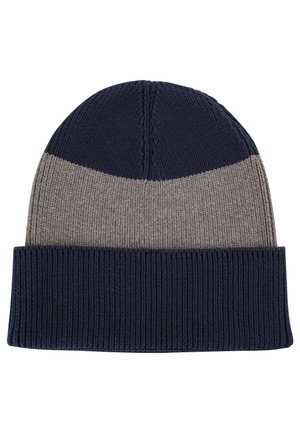 Gebreide wintermuts met een omgeslagen rand, met kleurvlakken in marineblauw en grijs.