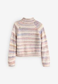 Neulepusero korkealla kauluksella, jossa pastellinväriset vaakasuorat raidat vaaleanpunaisena, sinisenä ja kermaisenä; ribbausarvot hihansuissa ja helmassa, pehmeä tekstuuri.