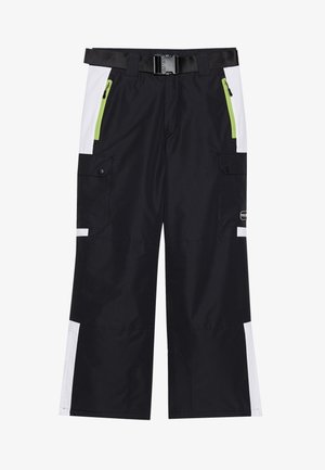Calças de neve impermeáveis em preto com detalhes brancos. Apresentam bolsos com fechos de correr verdes, um design de perna larga e um cinto ajustável para um ajuste seguro.