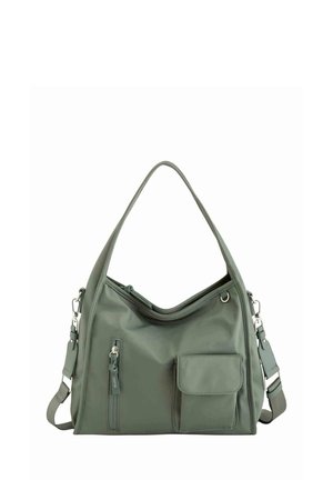 Grüne Schultertasche mit oberem Griff, vorderer Reißverschlusstasche, Klappentasche und abnehmbarem Schulterriemen vor weißem Hintergrund.