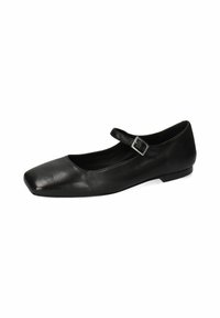 Scarpa flat Mary Jane in pelle nera con punta quadrata, cinturino regolabile e tacco basso. Texture liscia con un design semplice.
