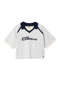 Biała polo z krótkim rękawem z granatowymi akcentami. Ma dekolt w serek, haftowane logo "Ellesse" i kontrastowe kremowe mankiety. Miękka tekstura.