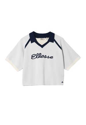 Witte polo met korte mouwen en marine blauwe accenten. Bevat een v-hals, geborduurd "Ellesse" logo en contrasterende crèmekleurige manchetten. Zachte textuur.