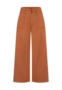 Weite Hose in einem verbrannten Orange, mit hoher Taille, zwei vorderen Taschen und einem Zwei-Knopf-Verschluss am Bund.