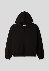 Felpa nera con zip, tagliata corta, realizzata in tessuto morbido, con un ampio cappuccio, tasche frontali e polsini e orlo a costine. Taglia XL.